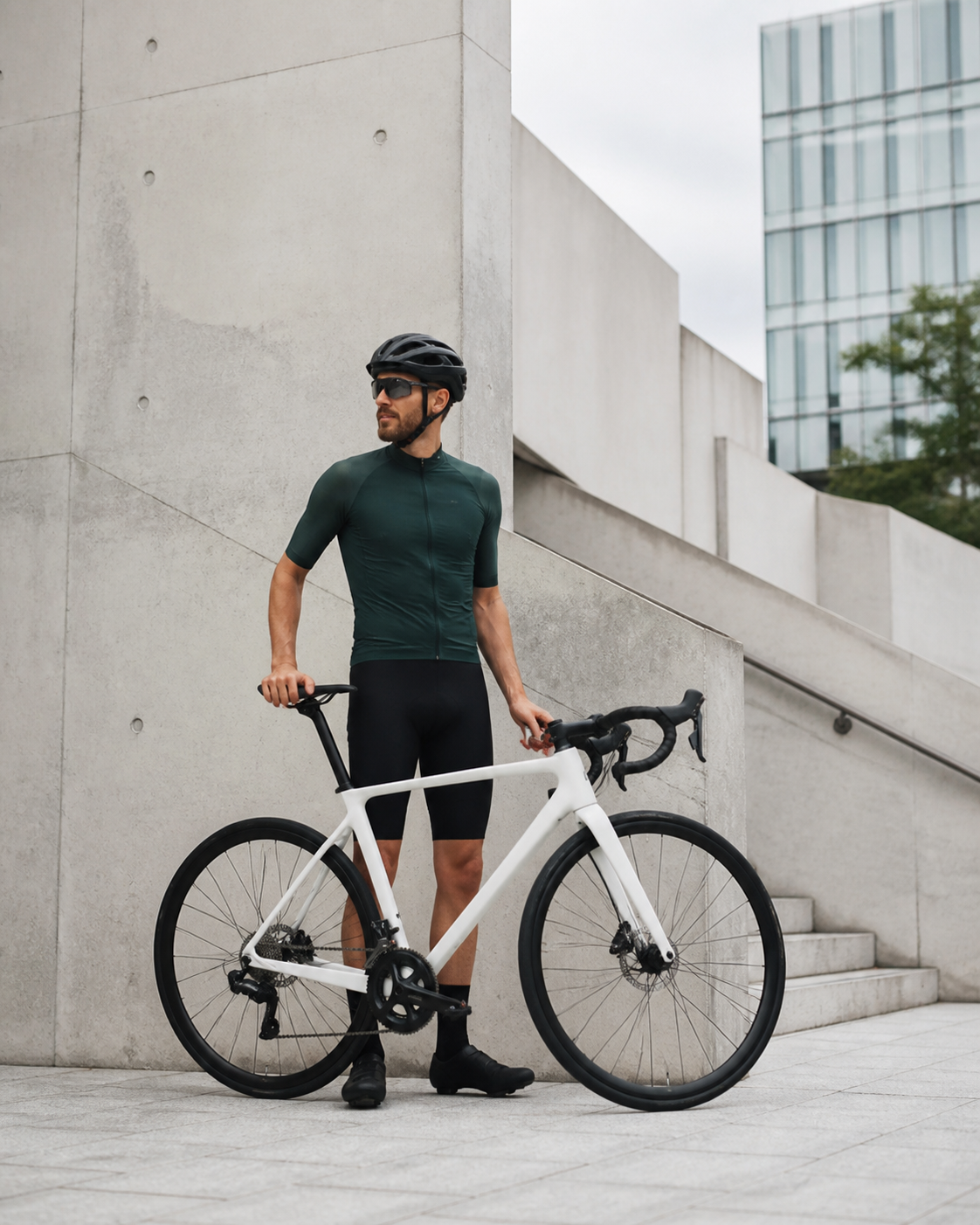 KI-generiertes Beispielbild eines Rennradfahrers mit weißem Roadbike in der Stadt